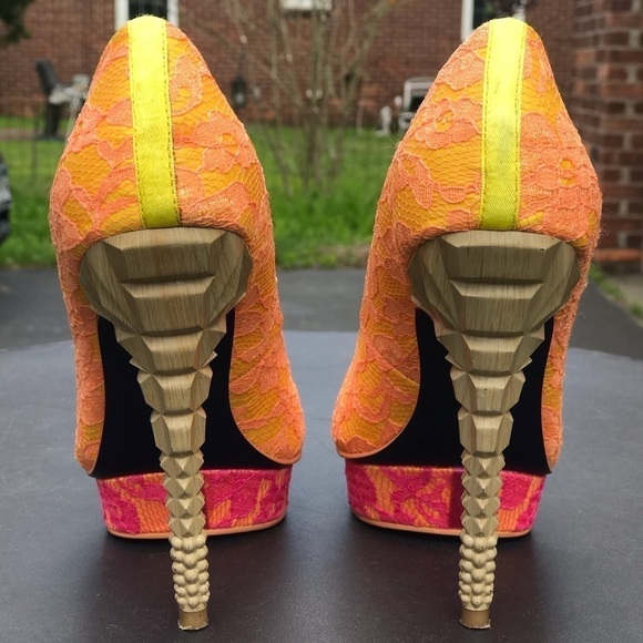 RACHEL ROY KEEDAN Orange Yellow Pink Lace Platform Pump Stilettos Heels Size 6 - Picture 7 of 16